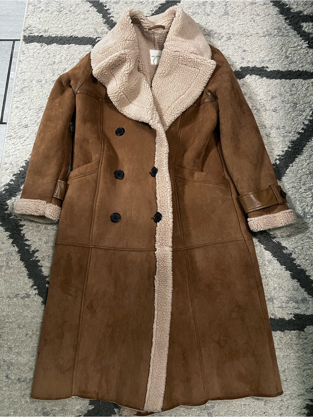 Avec Les Filles Brown faux Shearling Trench Coat with Cream Trim